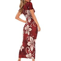 Plumeria Floral Tapa Pattern Oxblood Red Short Sleeve Bodycon Dress LT01 - Polynesian Pride