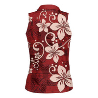 Plumeria Floral Tapa Pattern Oxblood Red Women Sleeveless Polo Shirt