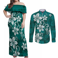 Plumeria Floral Tapa Pattern Crystal Teal Couples Matching Off Shoulder Maxi Dress and Long Sleeve Button Shirt LT01 Teal - Polynesian Pride