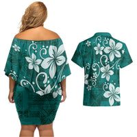 Plumeria Floral Tapa Pattern Crystal Teal Couples Matching Off Shoulder Short Dress and Hawaiian Shirt LT01 - Polynesian Pride