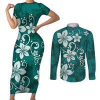 Plumeria Floral Tapa Pattern Crystal Teal Couples Matching Short Sleeve Bodycon Dress and Long Sleeve Button Shirt LT01 Teal - Polynesian Pride