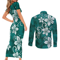 Plumeria Floral Tapa Pattern Crystal Teal Couples Matching Short Sleeve Bodycon Dress and Long Sleeve Button Shirt LT01 - Polynesian Pride