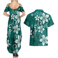 Plumeria Floral Tapa Pattern Crystal Teal Couples Matching Summer Maxi Dress and Hawaiian Shirt LT01 - Polynesian Pride