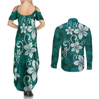 Plumeria Floral Tapa Pattern Crystal Teal Couples Matching Summer Maxi Dress and Long Sleeve Button Shirt LT01 - Polynesian Pride