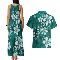 Plumeria Floral Tapa Pattern Crystal Teal Couples Matching Tank Maxi Dress and Hawaiian Shirt LT01 - Polynesian Pride