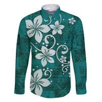 Plumeria Floral Tapa Pattern Crystal Teal Family Matching Off The Shoulder Long Sleeve Dress and Hawaiian Shirt