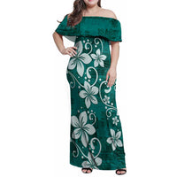 Plumeria Floral Tapa Pattern Crystal Teal Family Matching Off Shoulder Maxi Dress and Hawaiian Shirt