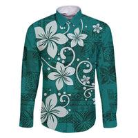 Plumeria Floral Tapa Pattern Crystal Teal Family Matching Tank Maxi Dress and Hawaiian Shirt