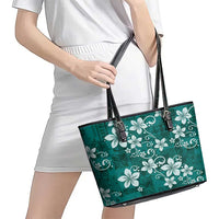Plumeria Floral Tapa Pattern Crystal Teal Leather Tote Bag LT01 - Polynesian Pride