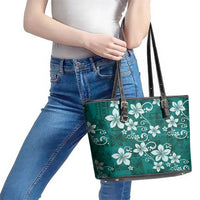 Plumeria Floral Tapa Pattern Crystal Teal Leather Tote Bag LT01 - Polynesian Pride