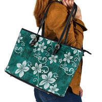Plumeria Floral Tapa Pattern Crystal Teal Leather Tote Bag LT01 - Polynesian Pride