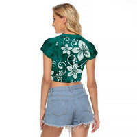 Plumeria Floral Tapa Pattern Crystal Teal Raglan Cropped T Shirt LT01 - Polynesian Pride