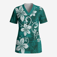 Plumeria Floral Tapa Pattern Crystal Teal Scrub Top LT01 Adult Teal - Polynesian Pride
