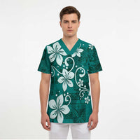 Plumeria Floral Tapa Pattern Crystal Teal Scrub Top LT01 - Polynesian Pride