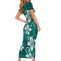 Plumeria Floral Tapa Pattern Crystal Teal Short Sleeve Bodycon Dress LT01 - Polynesian Pride
