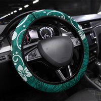 Plumeria Floral Tapa Pattern Crystal Teal Steering Wheel Cover LT01 Universal Fit Teal - Polynesian Pride