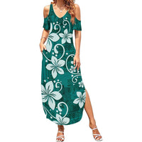 Plumeria Floral Tapa Pattern Crystal Teal Summer Maxi Dress LT01 Women Teal - Polynesian Pride