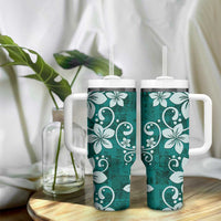 Plumeria Floral Tapa Pattern Crystal Teal Tumbler With Handle LT01 - Polynesian Pride