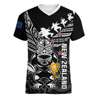 Custom New Zealand Silver Fern Rugby Women V Neck T Shirt Aotearoa Champion 2023 World Cup LT01 Female Black - Polynesian Pride