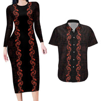 Hawaii Japan Koi Fish Red Couples Matching Long Sleeve Bodycon Dress and Hawaiian Shirt Tapa Pattern LT01 Red - Polynesian Pride