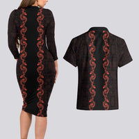 Hawaii Japan Koi Fish Red Couples Matching Long Sleeve Bodycon Dress and Hawaiian Shirt Tapa Pattern - Polynesian Pride