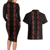 Hawaii Japan Koi Fish Red Couples Matching Long Sleeve Bodycon Dress and Hawaiian Shirt Tapa Pattern LT01 - Polynesian Pride
