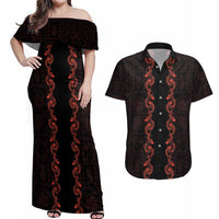 Hawaii Japan Koi Fish Red Couples Matching Off Shoulder Maxi Dress and Hawaiian Shirt Tapa Pattern LT01 Red - Polynesian Pride