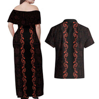 Hawaii Japan Koi Fish Red Couples Matching Off Shoulder Maxi Dress and Hawaiian Shirt Tapa Pattern LT01 - Polynesian Pride