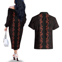 Hawaii Japan Koi Fish Red Couples Matching Off The Shoulder Long Sleeve Dress and Hawaiian Shirt Tapa Pattern LT01 - Polynesian Pride