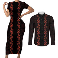 Hawaii Japan Koi Fish Red Couples Matching Short Sleeve Bodycon Dress and Long Sleeve Button Shirt Tapa Pattern LT01 Red - Polynesian Pride