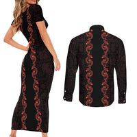 Hawaii Japan Koi Fish Red Couples Matching Short Sleeve Bodycon Dress and Long Sleeve Button Shirt Tapa Pattern LT01 - Polynesian Pride