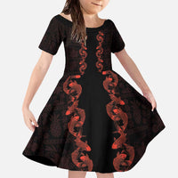 Hawaii Japan Koi Fish Red Family Matching Off The Shoulder Long Sleeve Dress and Hawaiian Shirt Tapa Pattern - Polynesian Pride