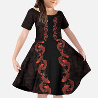 Hawaii Japan Koi Fish Red Family Matching Tank Maxi Dress and Hawaiian Shirt Tapa Pattern LT01 Daughter's Dress Red - Polynesian Pride