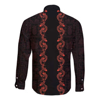 Hawaii Japan Koi Fish Red Long Sleeve Button Shirt Tapa Pattern LT01 - Polynesian Pride