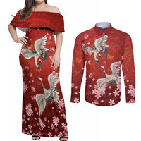 Hawaii Japan Cranes Sakura Flower Red Couples Matching Off Shoulder Maxi Dress and Long Sleeve Button Shirt Japan Heritage Spirit - Polynesian Pride