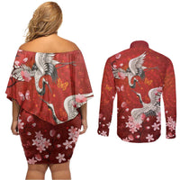 Hawaii Japan Cranes Sakura Flower Red Couples Matching Off Shoulder Short Dress and Long Sleeve Button Shirt Japan Heritage Spirit - Polynesian Pride