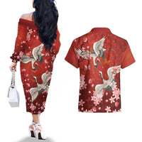 Hawaii Japan Cranes Sakura Flower Red Couples Matching Off The Shoulder Long Sleeve Dress and Hawaiian Shirt Japan Heritage Spirit - Polynesian Pride