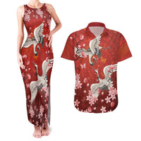 Hawaii Japan Cranes Sakura Flower Red Couples Matching Tank Maxi Dress and Hawaiian Shirt Japan Heritage Spirit - Polynesian Pride