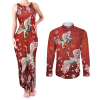 Hawaii Japan Cranes Sakura Flower Red Couples Matching Tank Maxi Dress and Long Sleeve Button Shirt Japan Heritage Spirit - Polynesian Pride