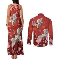 Hawaii Japan Cranes Sakura Flower Red Couples Matching Tank Maxi Dress and Long Sleeve Button Shirt Japan Heritage Spirit - Polynesian Pride