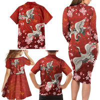 Hawaii Japan Cranes Sakura Flower Red Family Matching Long Sleeve Bodycon Dress and Hawaiian Shirt Japan Heritage Spirit - Polynesian Pride