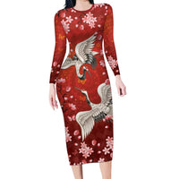 Hawaii Japan Cranes Sakura Flower Red Family Matching Long Sleeve Bodycon Dress and Hawaiian Shirt Japan Heritage Spirit - Polynesian Pride