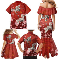 Hawaii Japan Cranes Sakura Flower Red Family Matching Mermaid Dress and Hawaiian Shirt Japan Heritage Spirit - Polynesian Pride