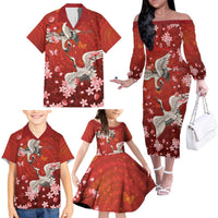 Hawaii Japan Cranes Sakura Flower Red Family Matching Off The Shoulder Long Sleeve Dress and Hawaiian Shirt Japan Heritage Spirit - Polynesian Pride