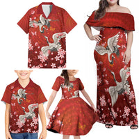 Hawaii Japan Cranes Sakura Flower Red Family Matching Off Shoulder Maxi Dress and Hawaiian Shirt Japan Heritage Spirit - Polynesian Pride