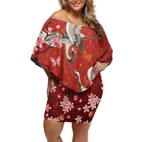 Hawaii Japan Cranes Sakura Flower Red Family Matching Off Shoulder Short Dress and Hawaiian Shirt Japan Heritage Spirit - Polynesian Pride