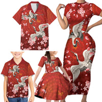 Hawaii Japan Cranes Sakura Flower Red Family Matching Short Sleeve Bodycon Dress and Hawaiian Shirt Japan Heritage Spirit - Polynesian Pride