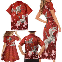 Hawaii Japan Cranes Sakura Flower Red Family Matching Short Sleeve Bodycon Dress and Hawaiian Shirt Japan Heritage Spirit - Polynesian Pride