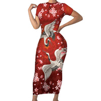 Hawaii Japan Cranes Sakura Flower Red Family Matching Short Sleeve Bodycon Dress and Hawaiian Shirt Japan Heritage Spirit - Polynesian Pride