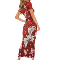 Hawaii Japan Cranes Sakura Flower Red Family Matching Short Sleeve Bodycon Dress and Hawaiian Shirt Japan Heritage Spirit - Polynesian Pride